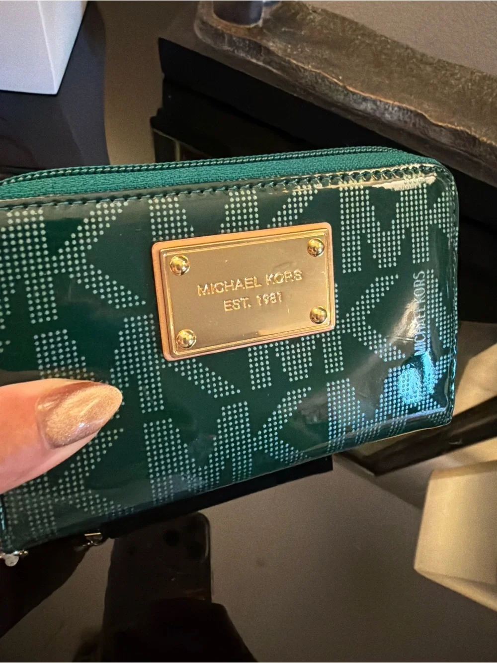 Michael Kors Green Patent Logo Zip Wallet with Gold Plate